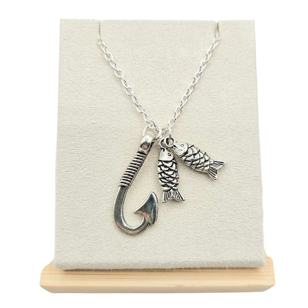Unisex Silver Tone Fish Hook Necklace